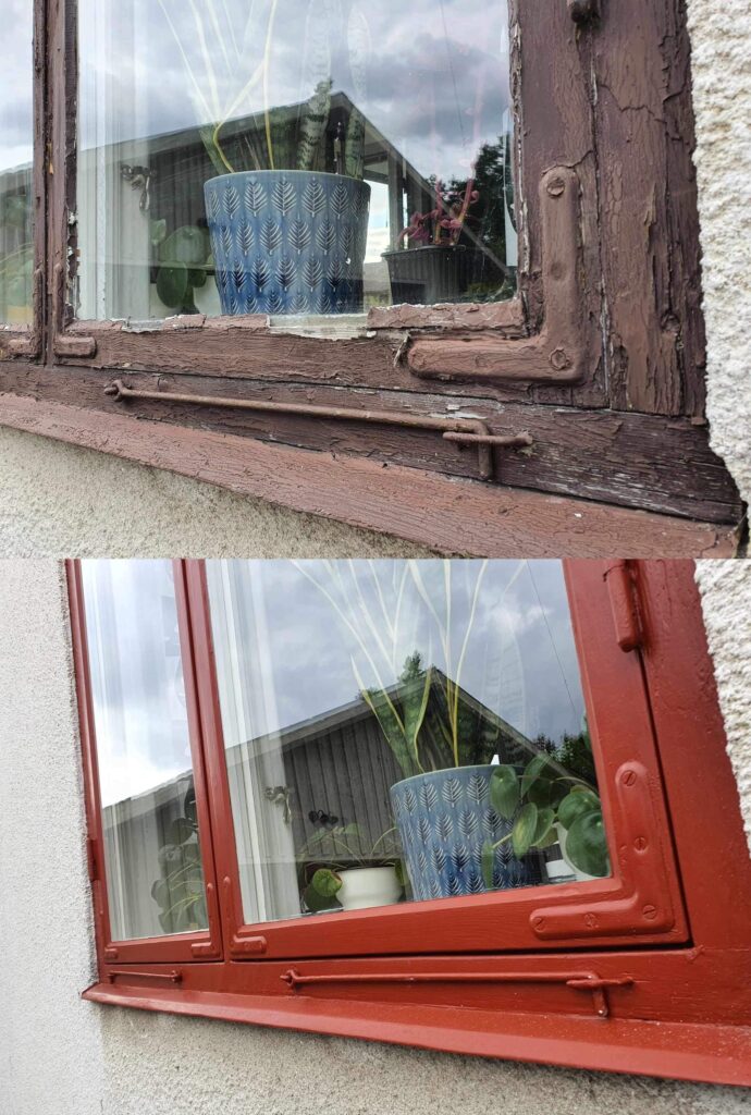 Otrolig skillnad! Fönster och karm har klarat sig väl trots skicket, kan nog tacka linoljan för det. Med nya hörnjärn och färg ger vi fönstret många nya år, hoppas det blir gjort lite tidigare nästa gång!